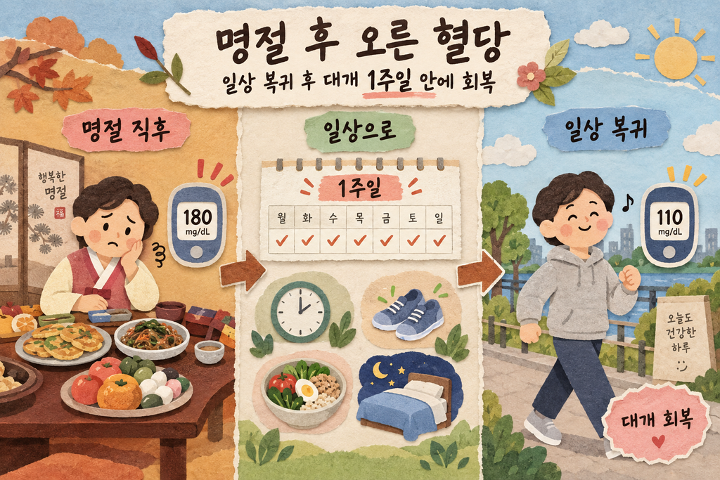 명절 후 오른 혈당이 생활을 바로잡으며 일주일 안에 내려오는 모습