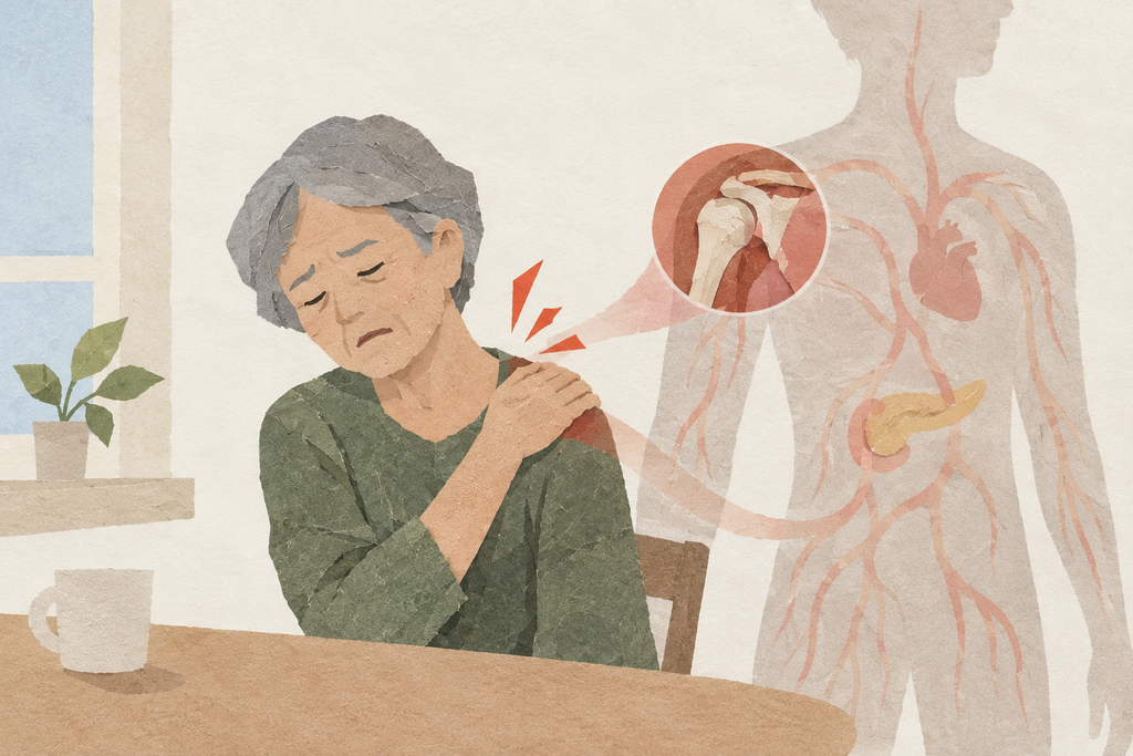 당뇨 어깨 통증이 관절 하나의 문제가 아니라 회복되지 않는 몸의 상태임을 나타낸 그림