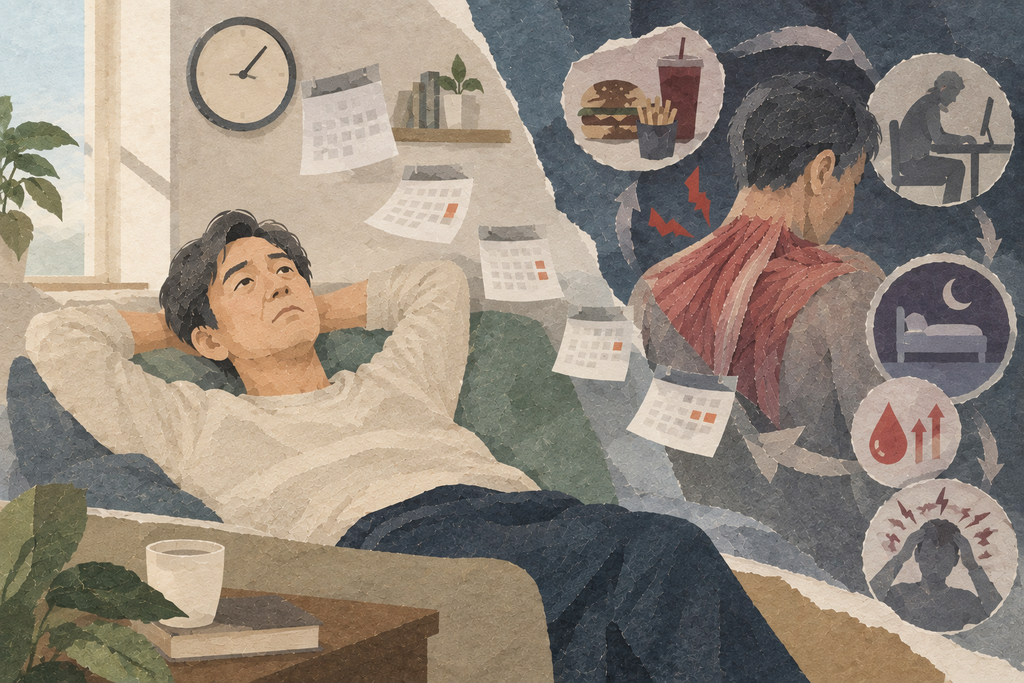 어깨가 낫기를 기다리는 동안 몸의 상태는 달라지지 않고 그대로임을 나타낸 그림